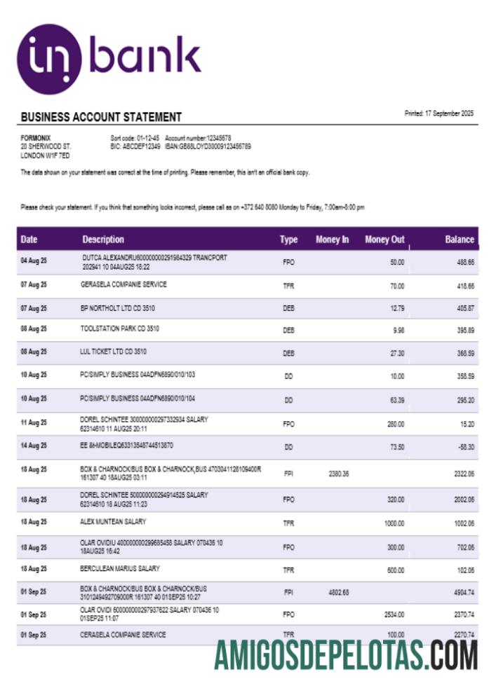 Extrato de conta de empresa de negócios do Inbank Word Snd formato PDF amostra